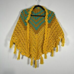 Handmade Crochet Shawl Fringe Wrap Mustard Yellow Turquoise‎ Meemaw Western